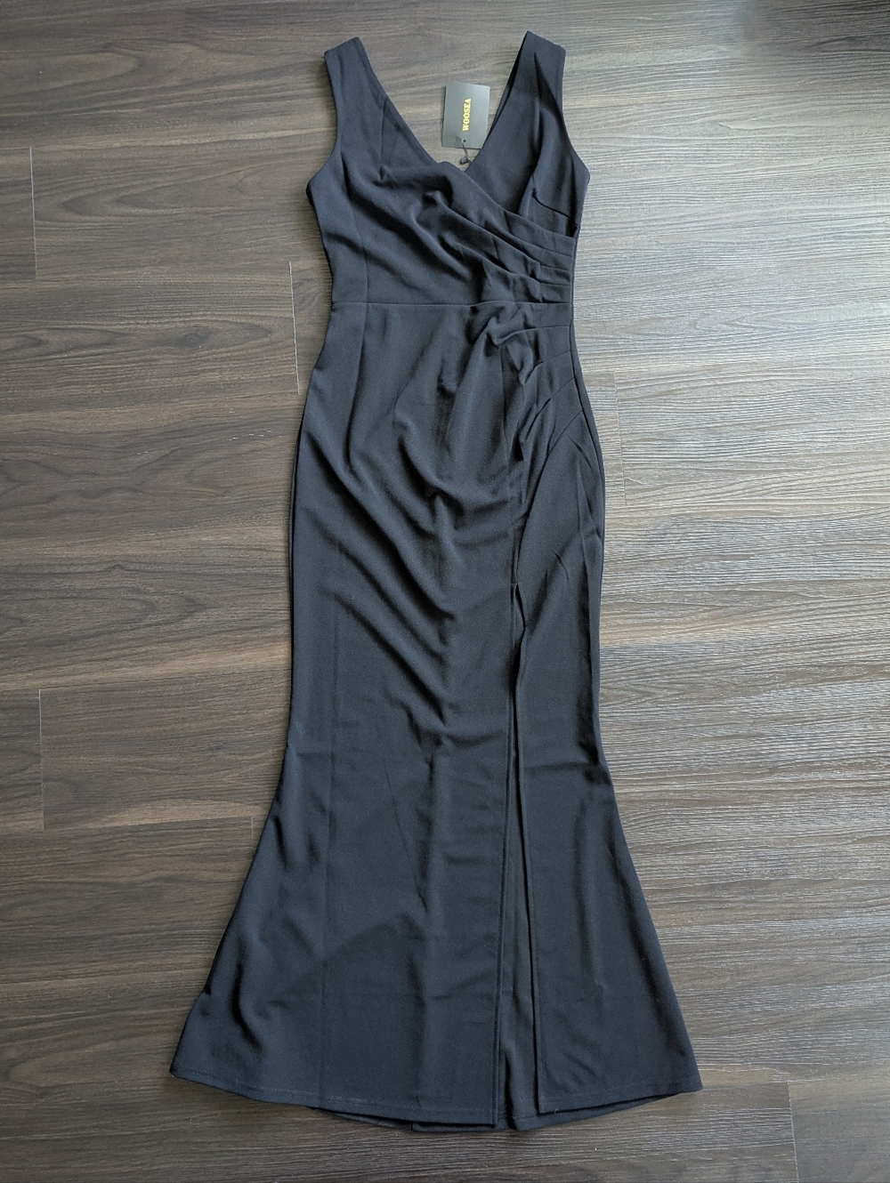 NWT Woosea Black Tie Formal Gown Small Side Slit Maxi Dress Wedding Guest Goth